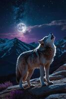 A wolf howling at a full moon against a mountainous night