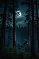 A mysterious scene of a rider in a forest under a full moon. photo