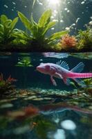 An underwater scene featuring a pink axolotl swimming among aquatic plants. photo