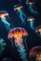 A mesmerizing underwater scene featuring glowing jellyfish in various colors. photo