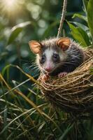 A young opossum nestled in a natural nest among greenery, illuminated by soft sunlight. photo