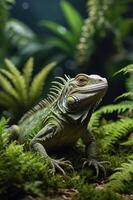 A close-up of a lizard amidst lush greenery and ferns in a natural habitat. photo