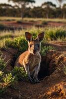 A kangaroo peeks out from a burrow in a natural setting. photo