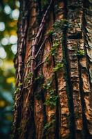 Close-up of a textured tree trunk with vines and greenery. photo