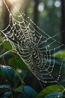 A close-up of a spider web adorned with dew drops in a lush forest setting. photo