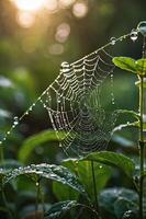 A close-up of a spider web adorned with dew drops, set against a blurred natural background. photo