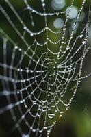 A close-up of a spider web adorned with dew drops, showcasing intricate patterns and nature's beauty. photo