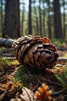 A close-up of a pine cone resting on the forest floor, surrounded by pine needles and trees. photo