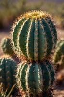 A close-up of a spiky cactus with multiple segments, showcasing its vibrant green color. photo