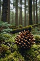 A close-up of a pine cone on moss in a serene forest setting. photo