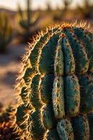 A close-up of a spiky cactus in a desert landscape, showcasing its unique texture and form. photo