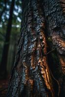 Close-up of a textured tree trunk illuminated by soft light in a forest setting. photo