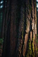 A close-up of a tree trunk with textured bark and moss, illuminated by soft light. photo