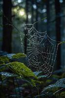 A delicate spider web adorned with dew drops in a serene forest setting. photo