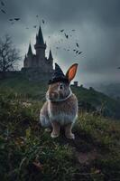 A whimsical rabbit wearing a hat in front of a mystical castle under a moody sky. photo