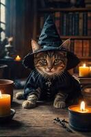 A whimsical cat dressed as a witch in a cozy, candlelit setting. photo