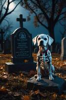 A dog in a skeleton costume sits on a gravestone in a spooky graveyard setting. photo