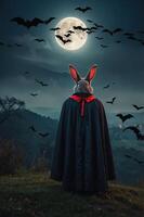 A mysterious figure in a rabbit costume stands under a full moon, surrounded by bats. photo