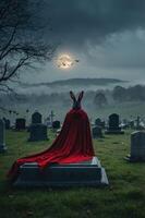 A mysterious rabbit figure in a red cloak stands in a graveyard under a full moon. photo