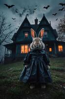 A rabbit in a black cloak stands ominously in front of a spooky, old house at dusk. photo