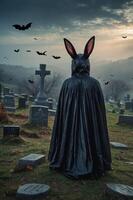 A mysterious figure in a dark cloak with rabbit ears stands in a graveyard at dusk. photo