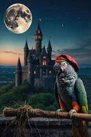 A whimsical parrot in a beret stands on a broomstick against a castle and full moon backdrop. photo