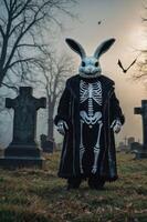 A figure in a rabbit mask and skeleton outfit stands in a foggy graveyard. photo