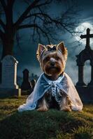 A small dog in a cape poses in a graveyard under a full moon, creating a spooky atmosphere. photo
