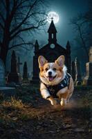 A joyful corgi runs through a graveyard under a full moon, creating a whimsical atmosphere. photo