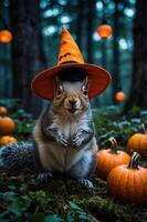A squirrel wearing a witch's hat surrounded by pumpkins in a forest setting. photo
