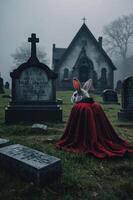 A mysterious rabbit figure in a red cloak sits in a foggy graveyard near a church. photo
