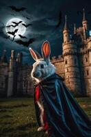A whimsical rabbit in a cape poses near a castle under a full moon with bats flying. photo