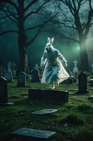 A haunting figure in a rabbit costume stands in a misty graveyard at night. photo