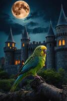 A vibrant parakeet perched in front of a mystical castle under a full moon. photo