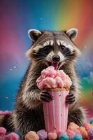 A raccoon enjoying cotton candy from a colorful ice cream cone against a vibrant background. photo