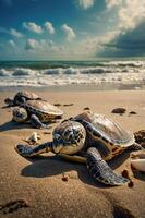 Three sea turtles resting on a sandy beach with ocean waves in the background. photo