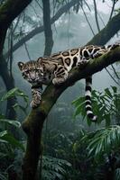A clouded leopard lounging on a mossy branch in a dense, misty rainforest. photo