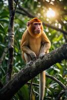 A proboscis monkey perched on a tree branch in a lush green environment with sunlight filtering through. photo