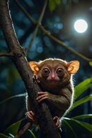 A close-up of a small primate with large eyes perched on a tree branch at night. photo