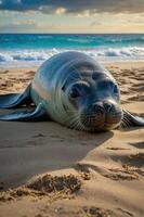 A seal resting on a sandy beach with waves in the background. photo