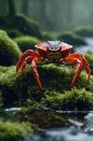 A vibrant red crab perched on mossy rocks near a serene body of water. photo