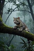 A majestic clouded leopard rests on a moss-covered branch in a misty rainforest. photo