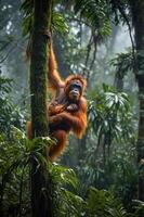 An orangutan clings to a tree while holding its young in a lush, green rainforest. photo