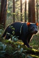 A Tasmanian devil exploring a lush forest under soft sunlight. photo