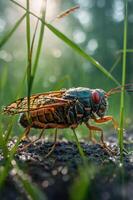 A close-up of a cicada resting on the ground amidst grass, showcasing its intricate details. photo