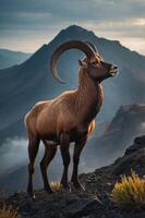 A majestic ram stands on a rocky ledge with mountains in the background, showcasing its impressive horns. photo