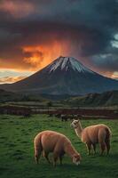 Scenic view of two llamas grazing in front of a snow-capped volcano at sunset. photo