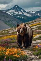 A grizzly bear walks through a vibrant flower-filled landscape with mountains in the background. photo