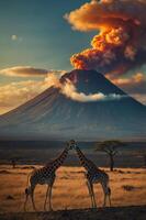 Two giraffes stand in a savanna with a volcano erupting in the background at sunset. photo