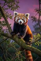 A red panda perched on a tree branch against a colorful sunset background. photo